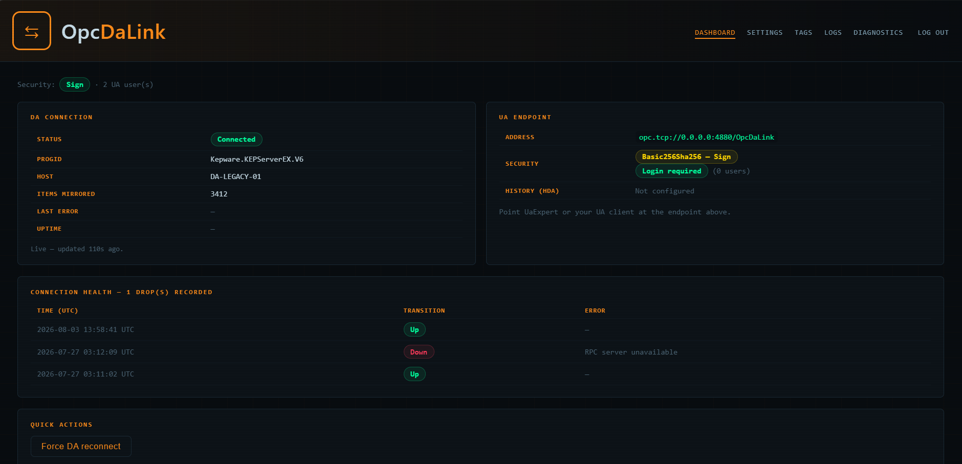 OpcDaLink dashboard showing DA connection status, UA endpoint and mirrored item count
