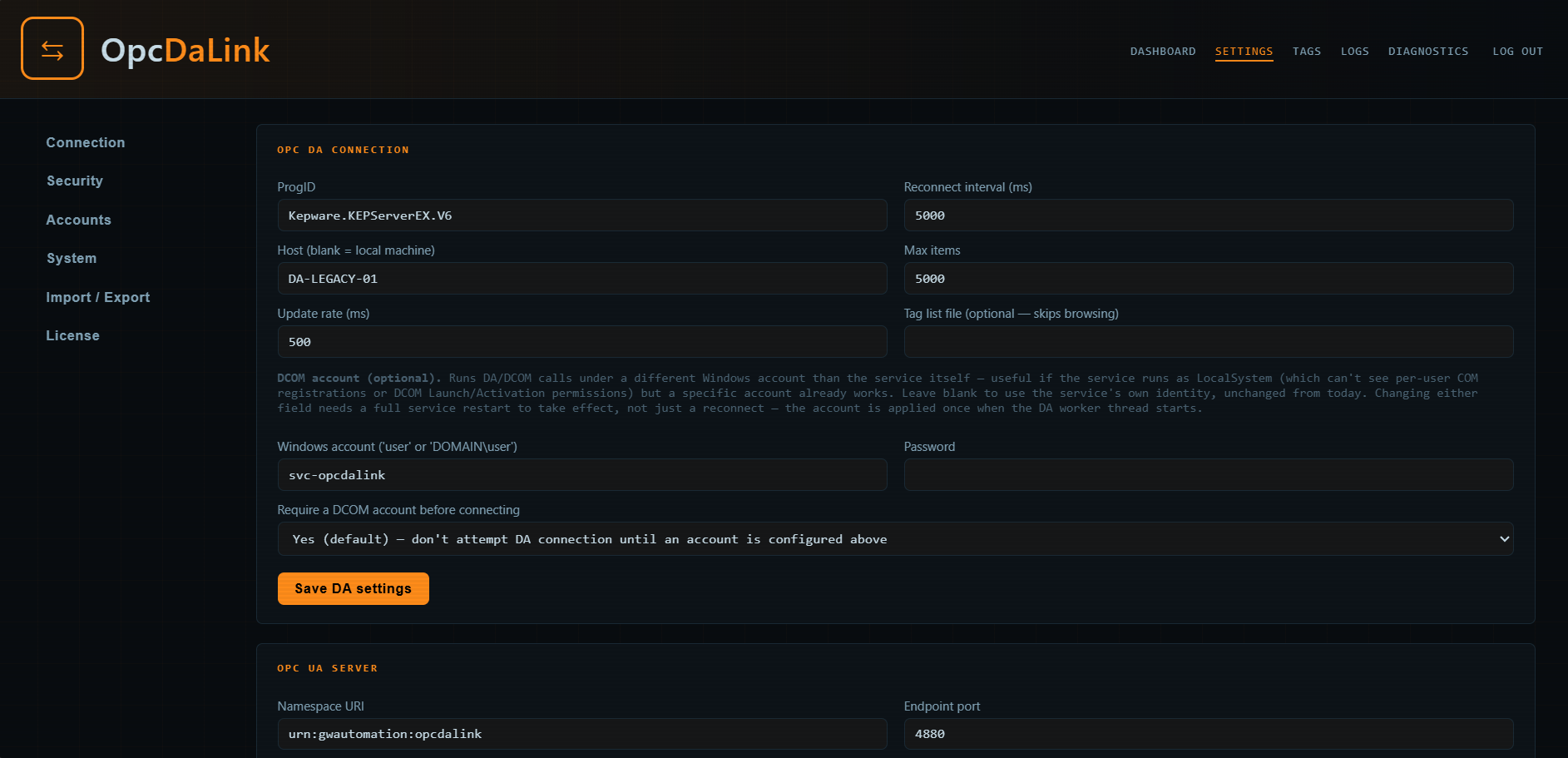OpcDaLink settings page with DA connection, UA security and certificate configuration